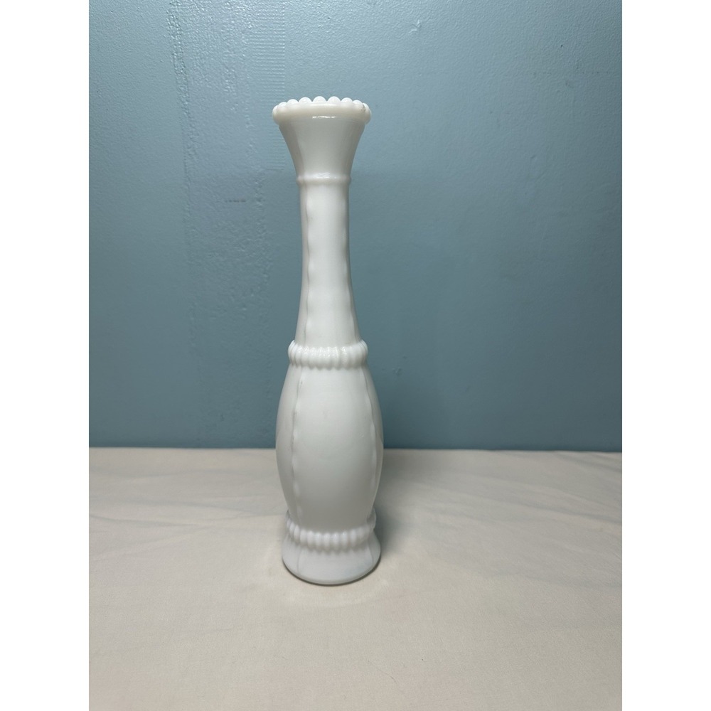 Vintage 1950's Bead and Stitch White Milk Glass Bud Vase 10.5"